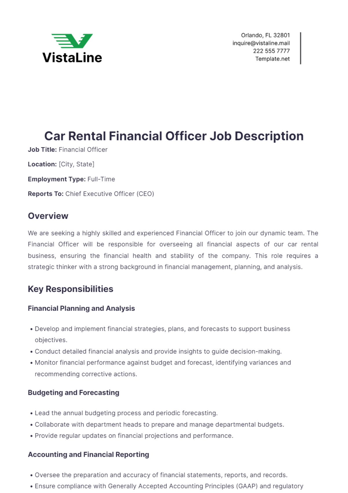 Car Rental Financial Officer Job Description Template - Edit Online & Download