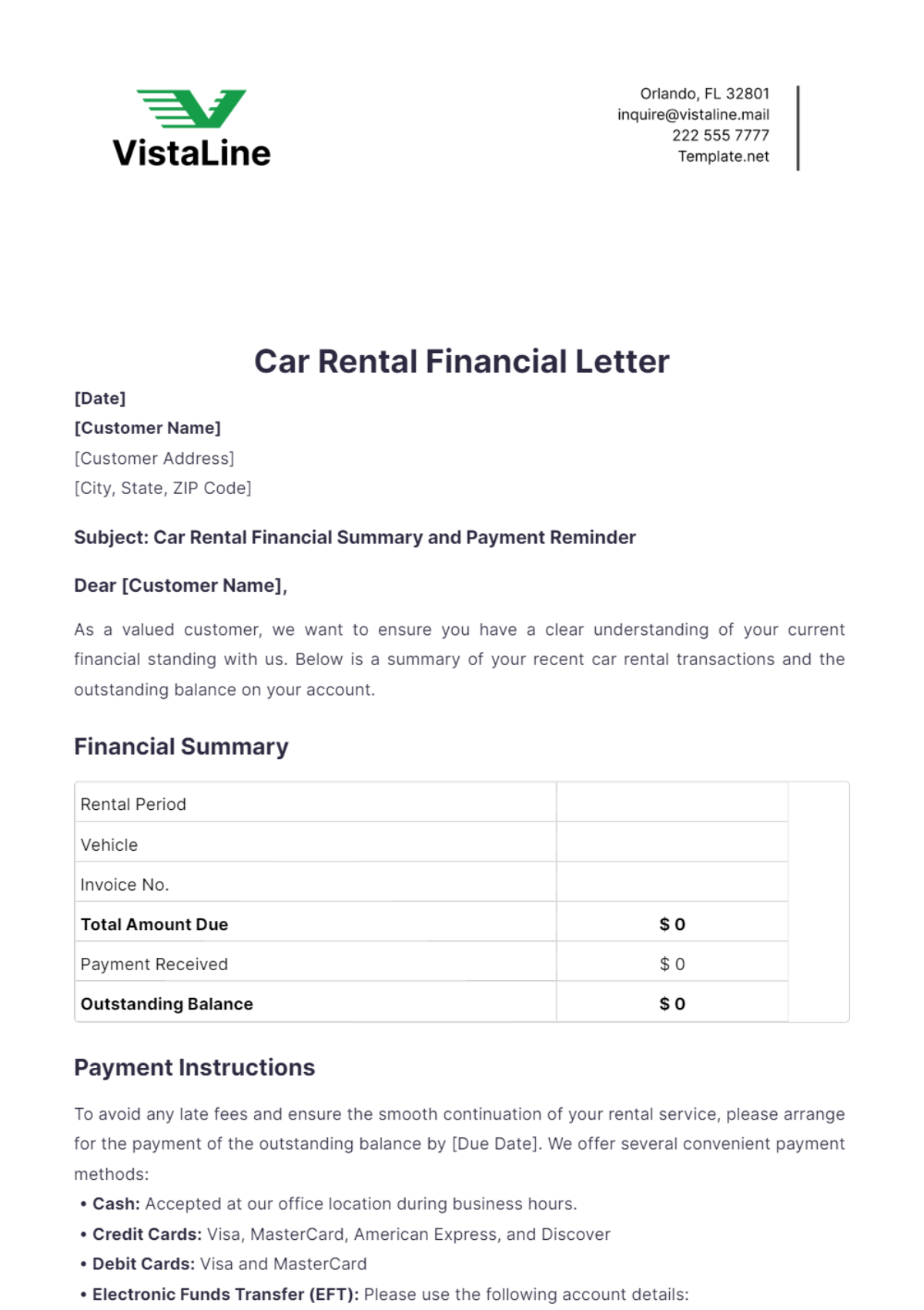 Car Rental Financial Letter Template