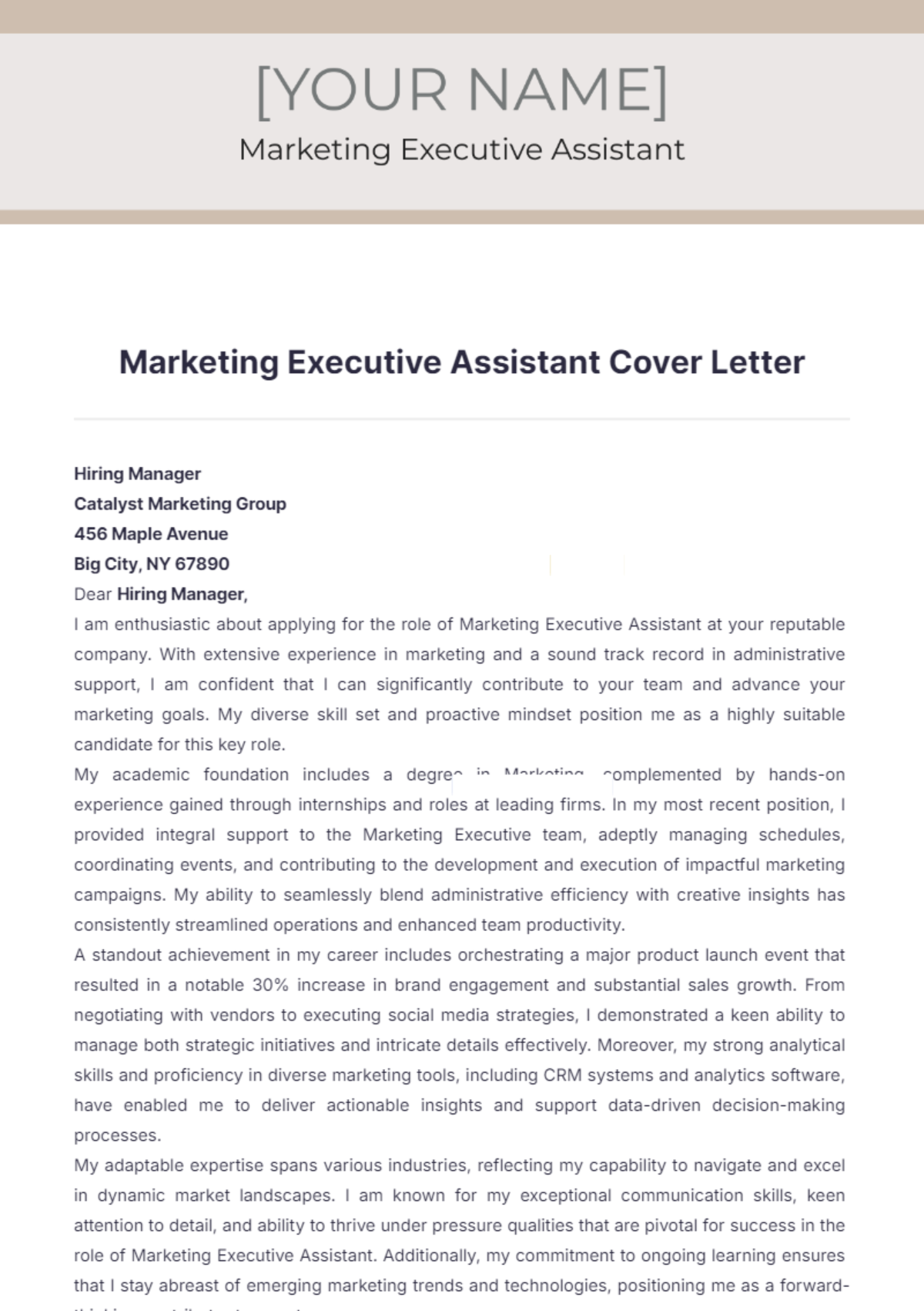 Marketing Executive Assistant Cover Letter - Edit Online & Download