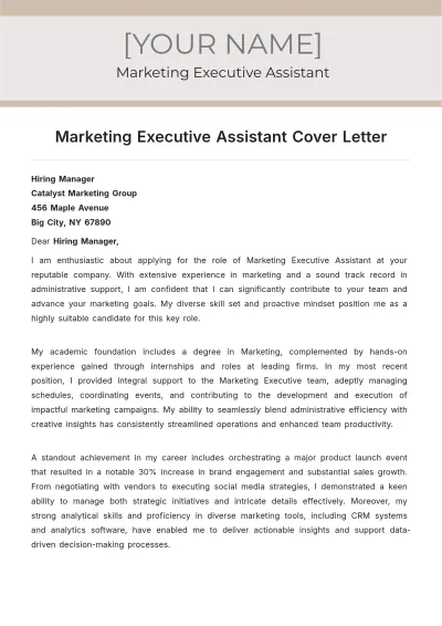 Free Marketing Executive Assistant Cover Letter to Edit Online