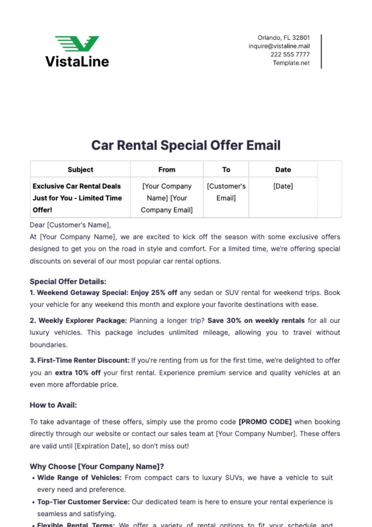 Car Rental Special Offer Email Template