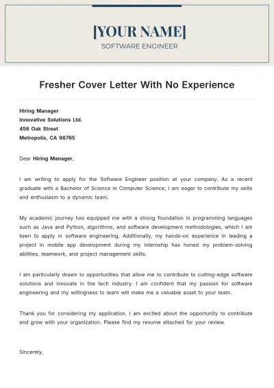 Free Fresher Cover Letter With No Experience to Edit Online