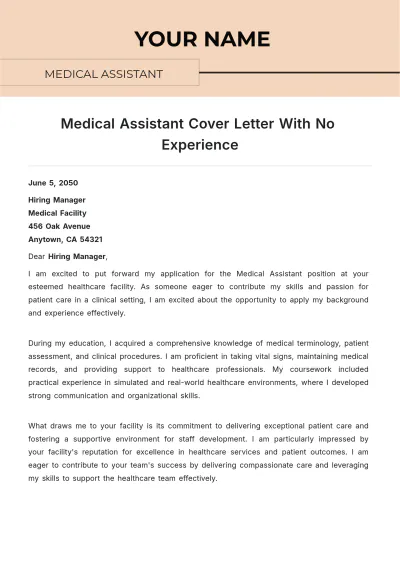 Free Medical Assistant Cover Letter With No Experience to Edit Online