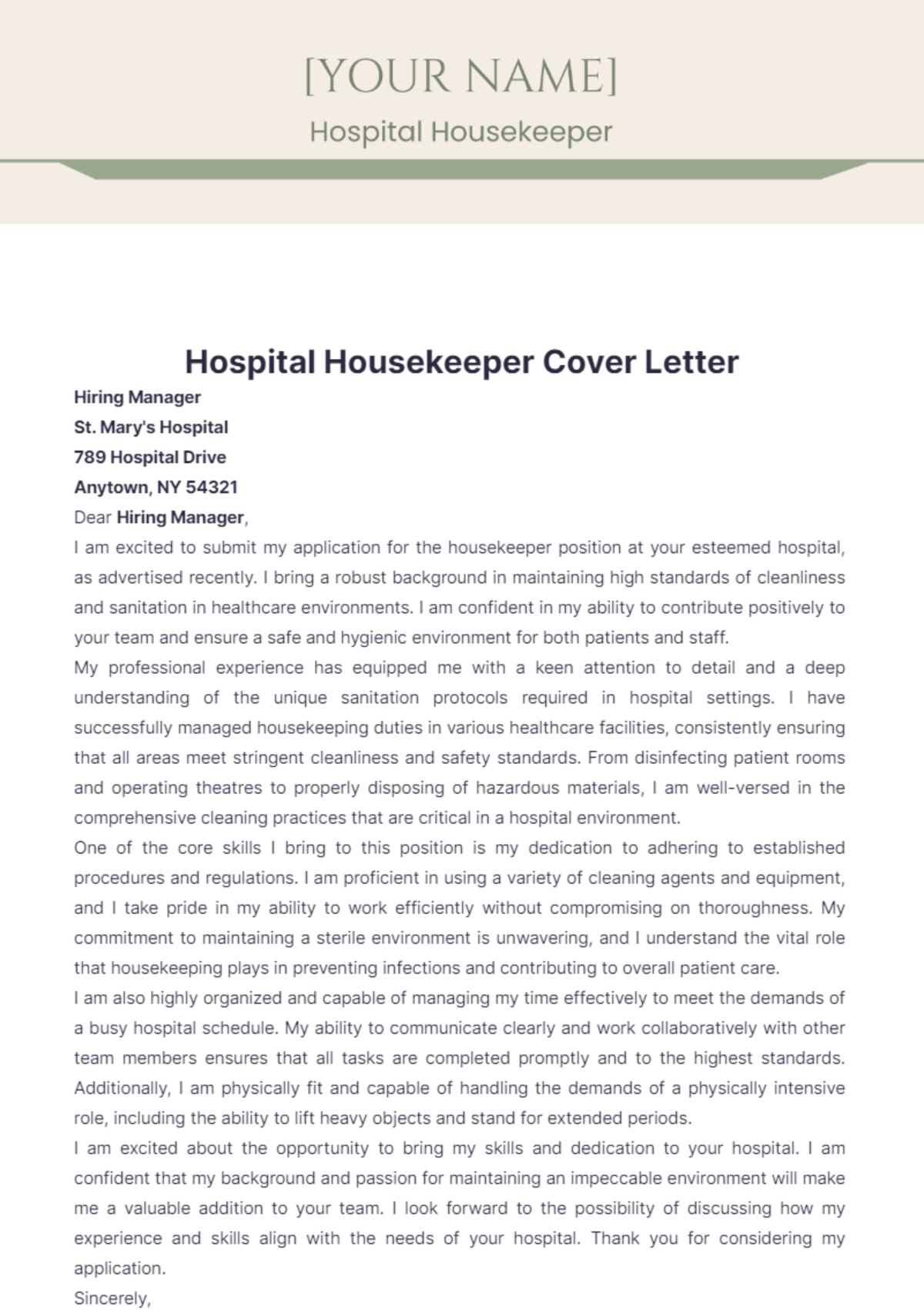 Hospital Housekeeper Cover Letter - Edit Online & Download