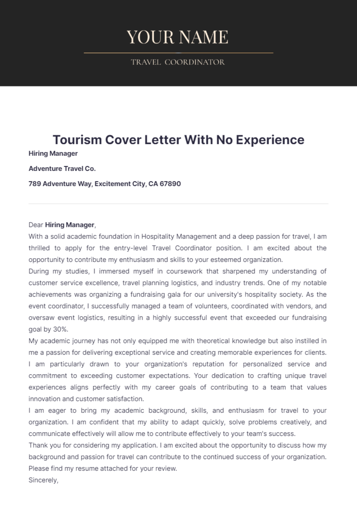 Tourism Cover Letter With No Experience - Edit Online & Download