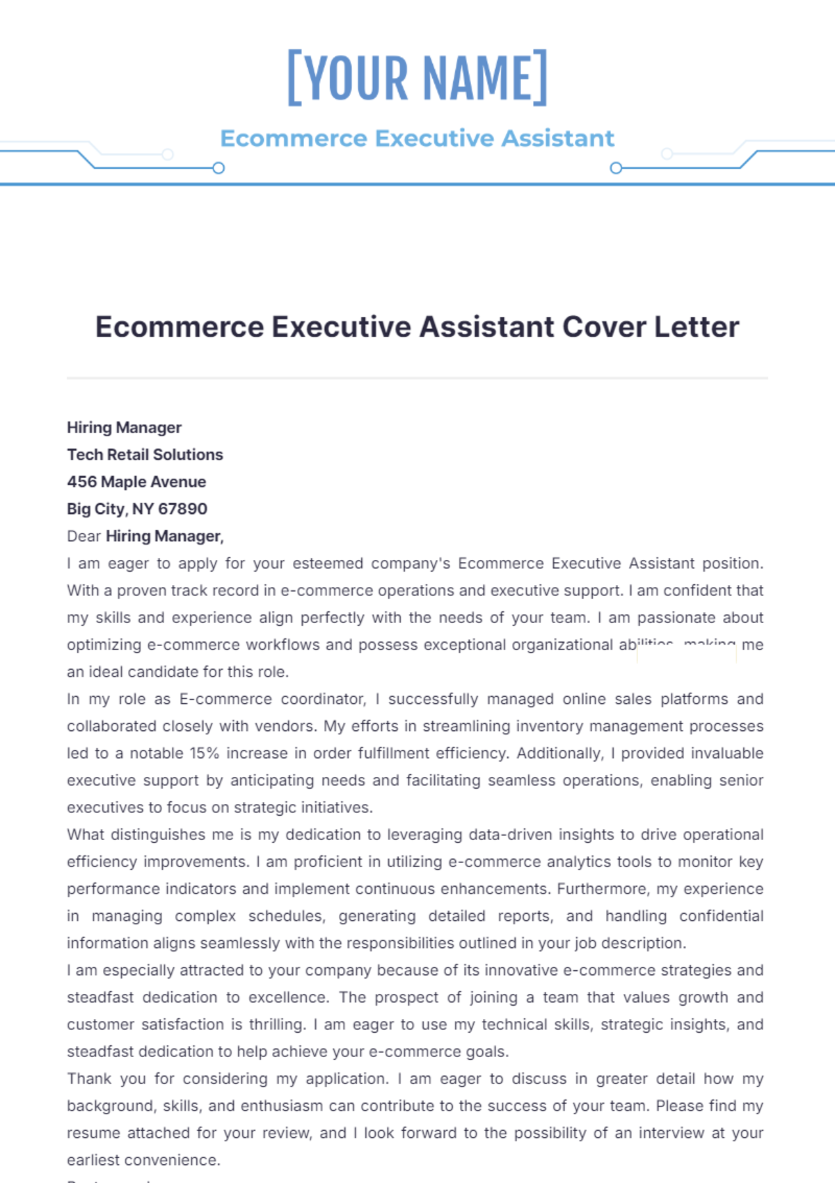 Ecommerce Executive Assistant Cover Letter - Edit Online & Download