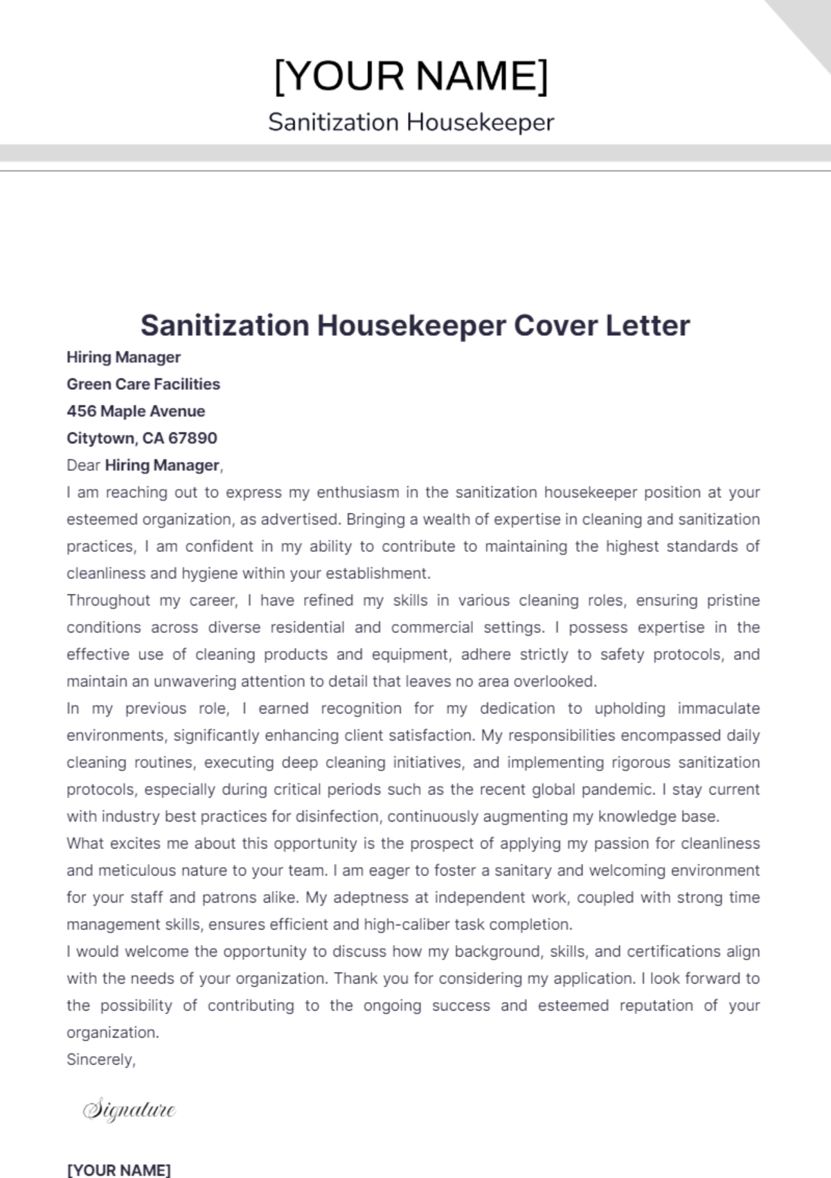 Sanitization Housekeeper Cover Letter - Edit Online & Download