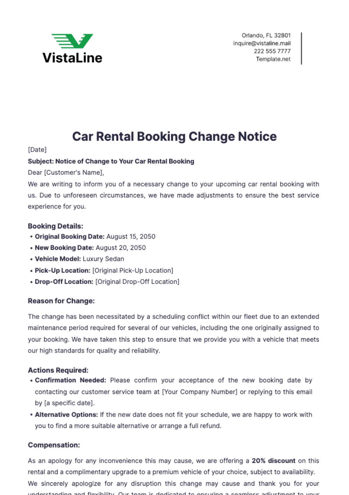 Car Rental Booking Change Notice Template - Edit Online & Download