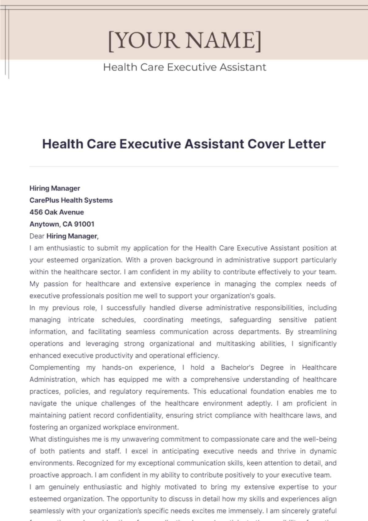 Health Care Executive Assistant Cover Letter - Edit Online & Download