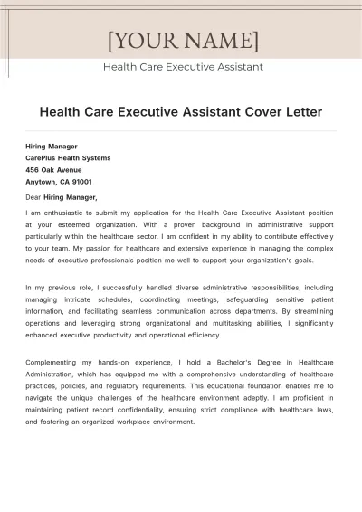 Free Health Care Executive Assistant Cover Letter to Edit Online
