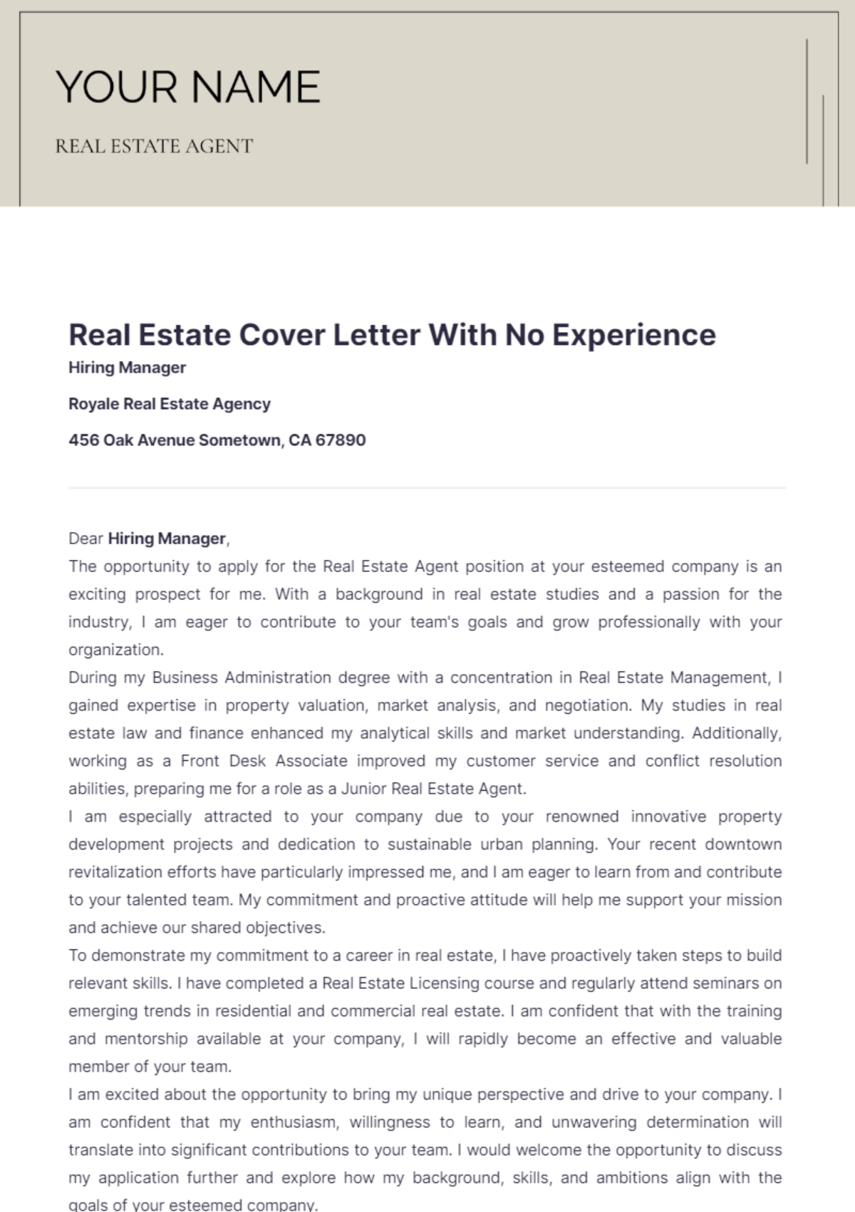 Real Estate Cover Letter With No Experience - Edit Online & Download