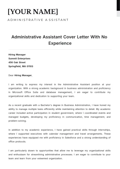 Free Administrative Assistant Cover Letter With No Experience to Edit Online