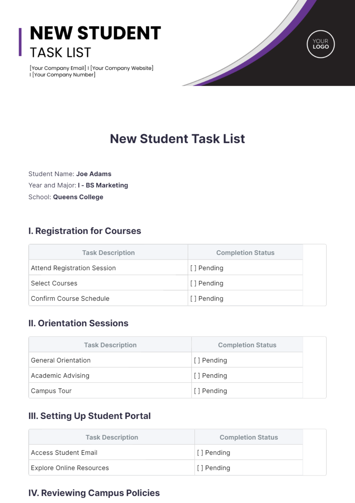 New Student Task List Template - Edit Online & Download