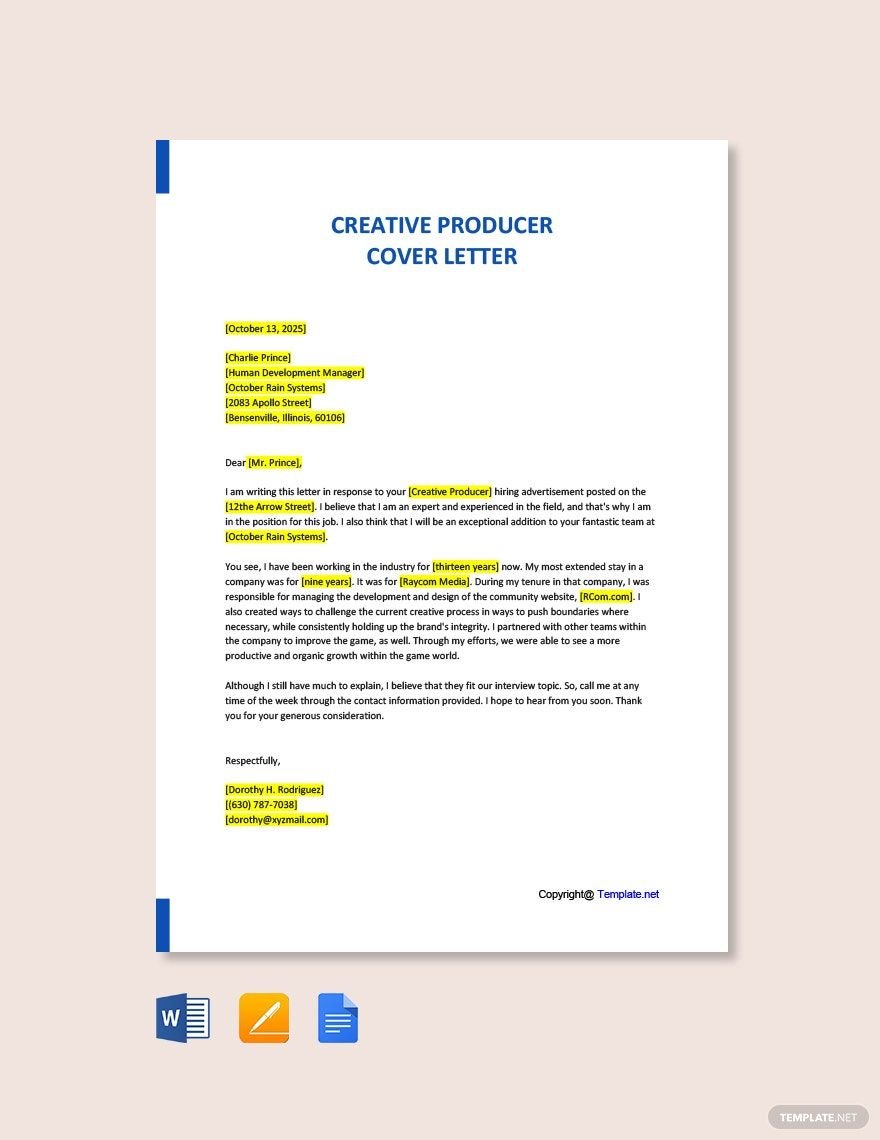Free Creative Producer Cover Letter Template