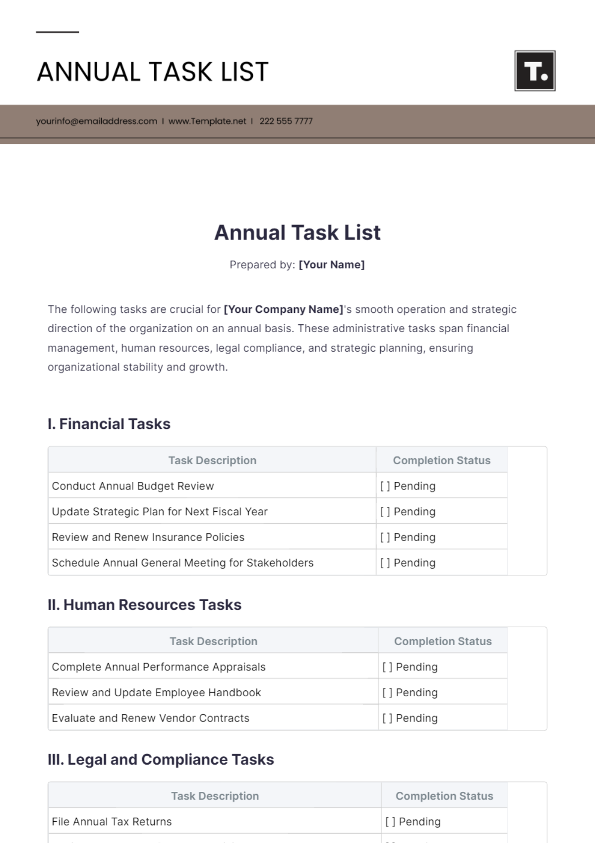 Annual Task List Template - Edit Online & Download