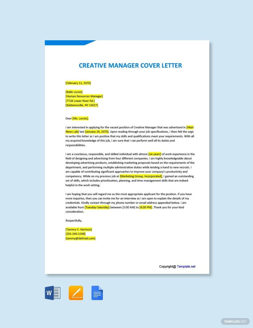 Free Creative Manager Cover Letter Template