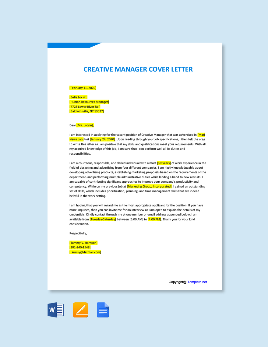 Creative Manager Cover Letter Template