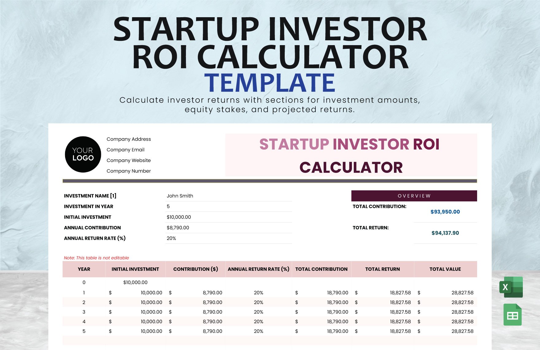 Startup Investor ROI Calculator Template in Excel, Google Sheets