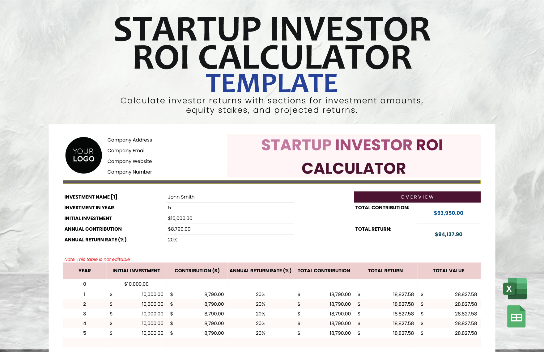 Startup Investor ROI Calculator Template