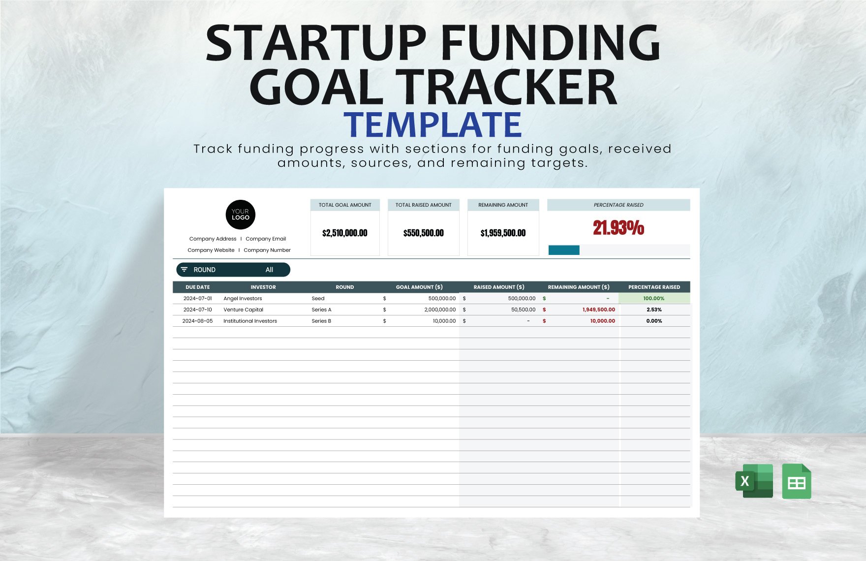 Startup Funding Goal Tracker Template in Excel, Google Sheets