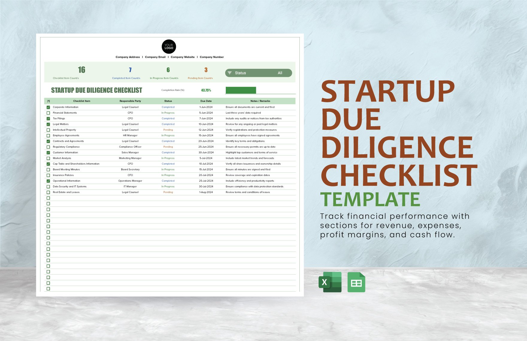 Startup Due Diligence Checklist Template in Excel, Google Sheets
