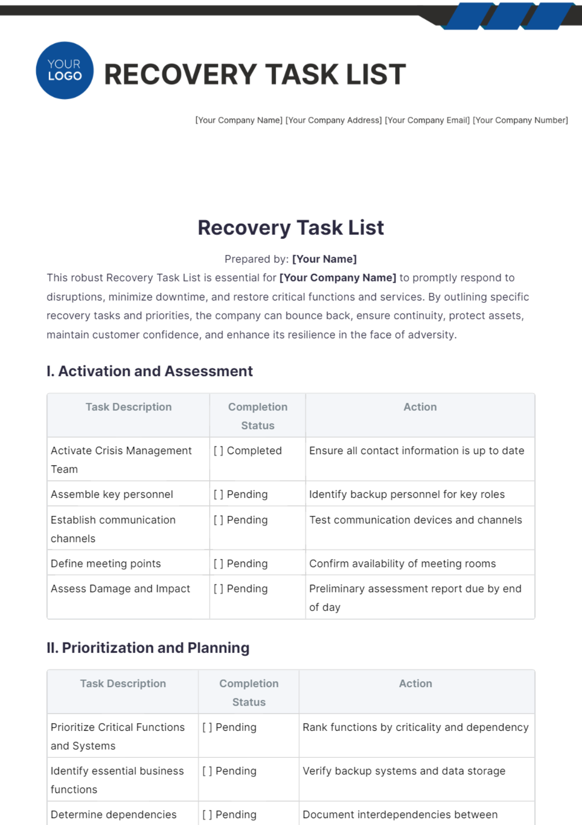 Recovery Task List Template - Edit Online & Download