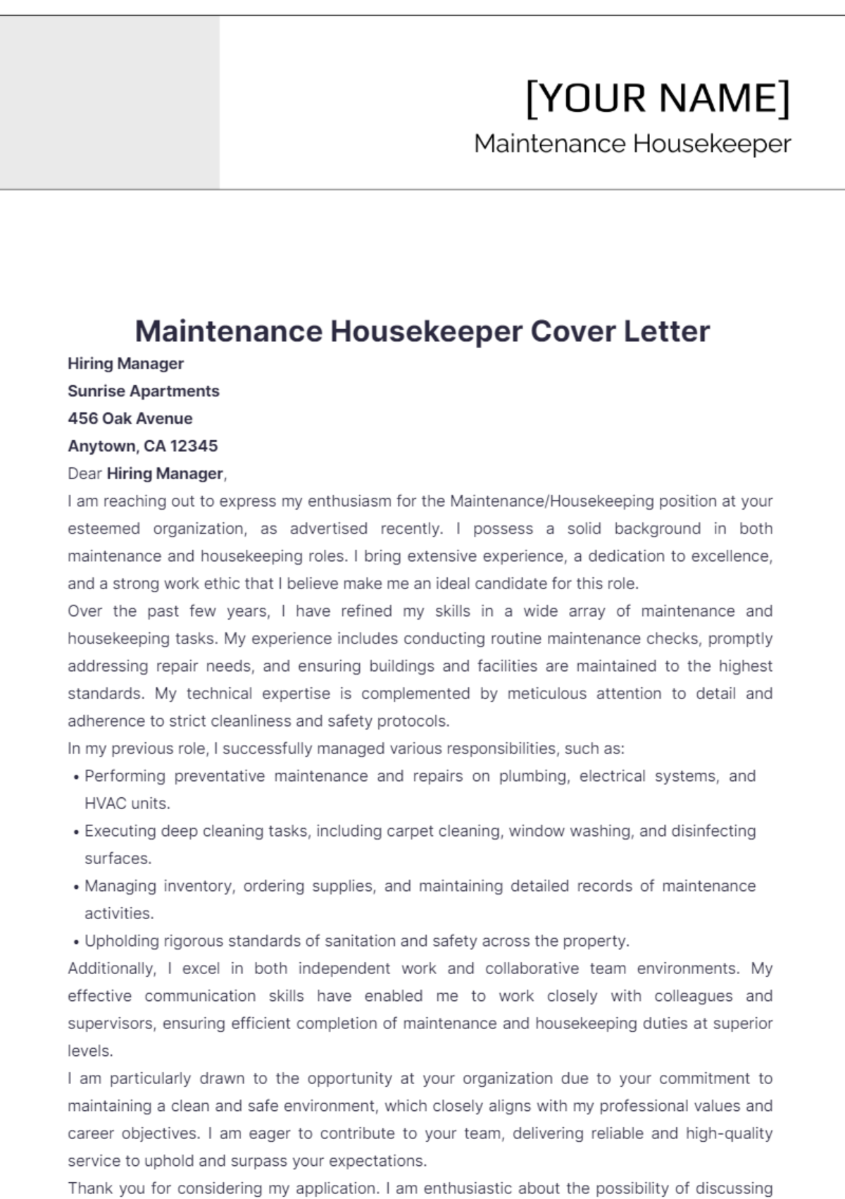 Maintenance Housekeeper Cover Letter - Edit Online & Download