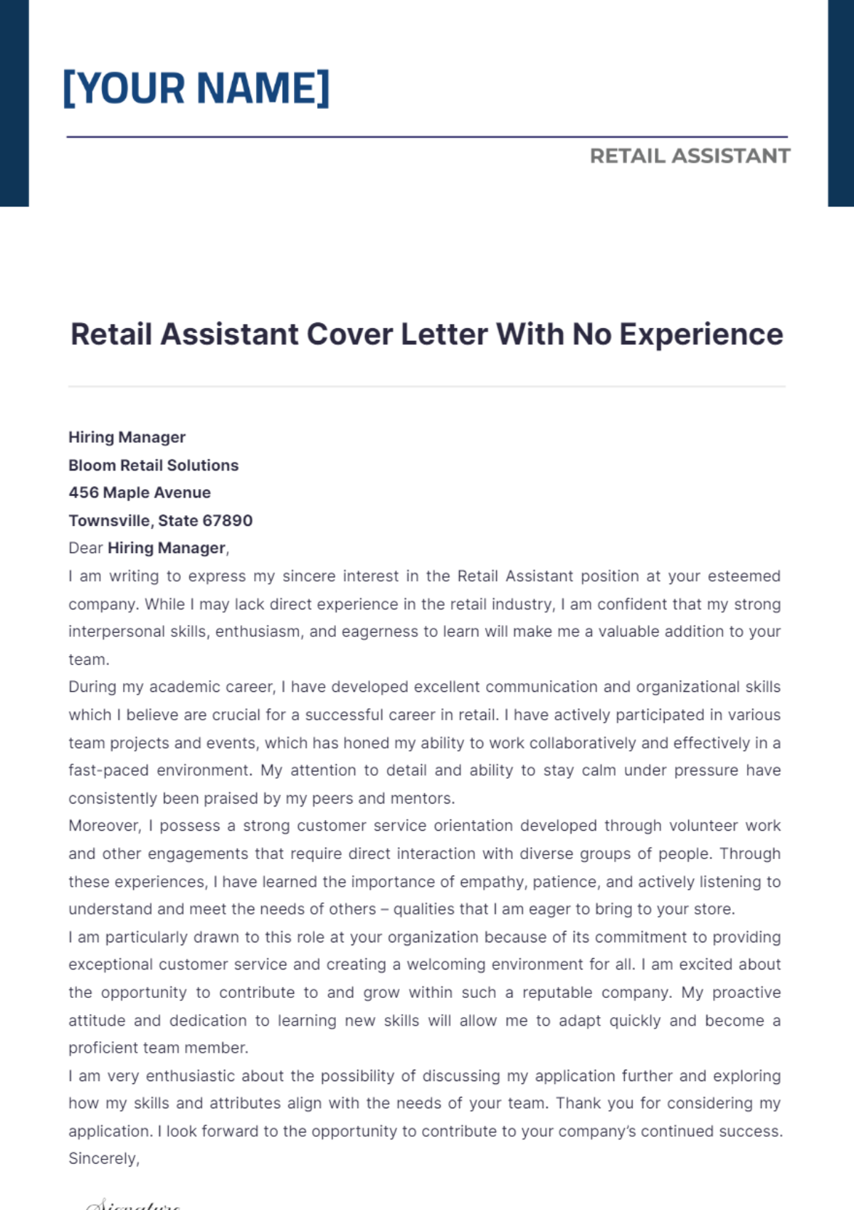 Retail Assistant Cover Letter With No Experience - Edit Online & Download