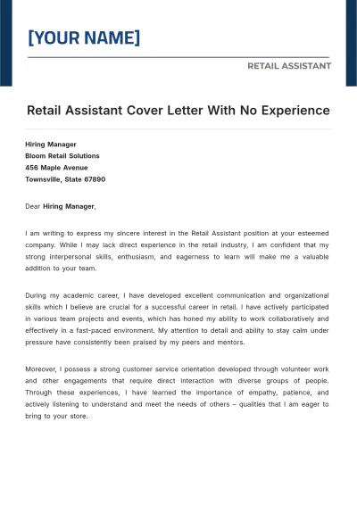 Free Retail Assistant Cover Letter With No Experience to Edit Online