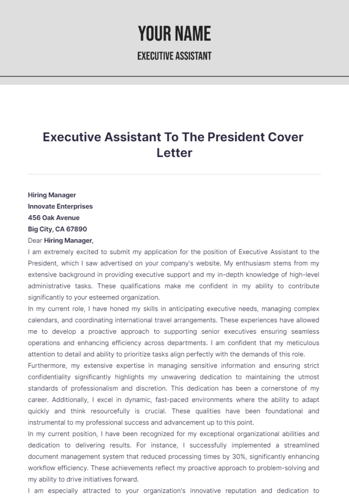 Executive Assistant To The President Cover Letter - Edit Online & Download