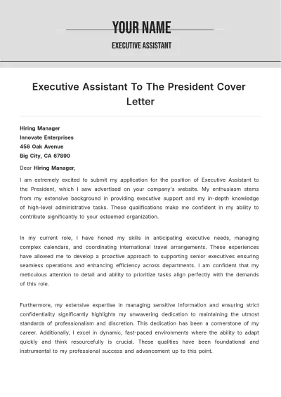 Free Executive Assistant To The President Cover Letter to Edit Online