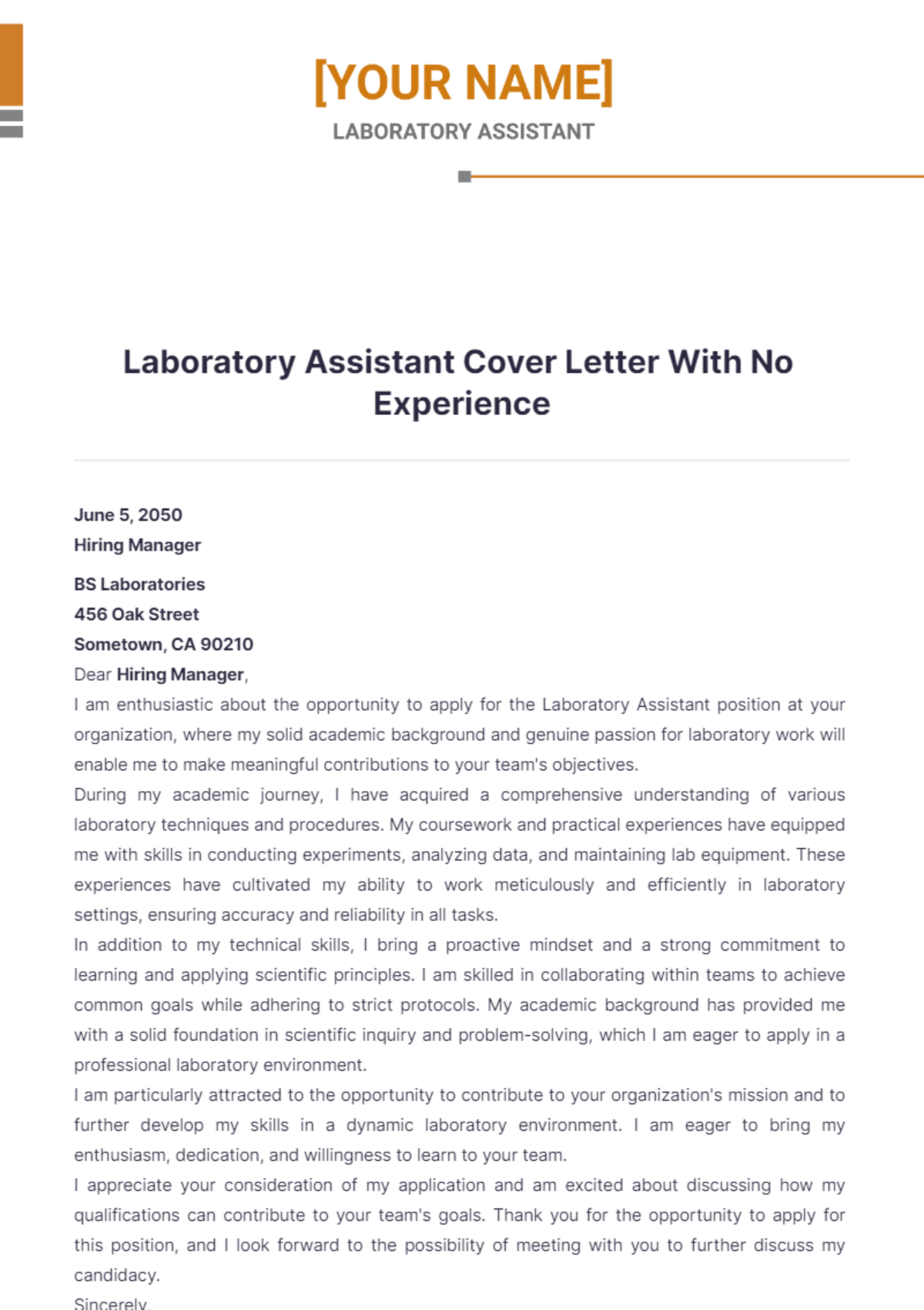 Laboratory Assistant Cover Letter With No Experience - Edit Online & Download