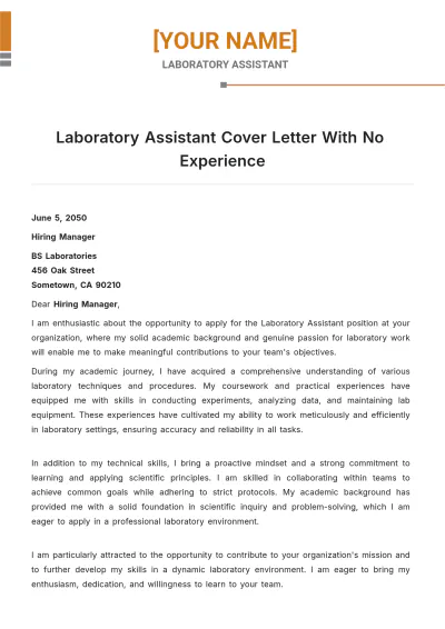 Free Laboratory Assistant Cover Letter With No Experience to Edit Online
