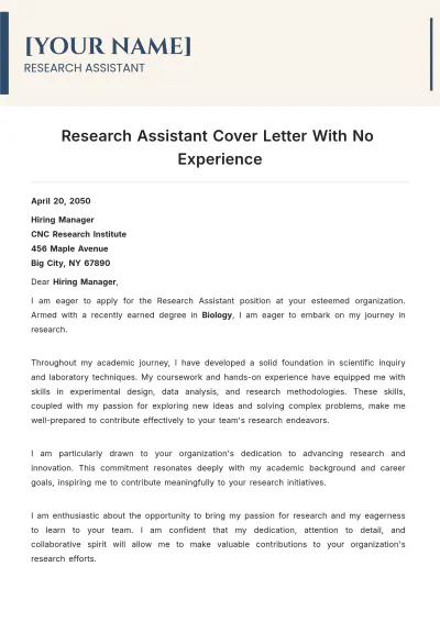 Free Research Assistant Cover Letter With No Experience to Edit Online