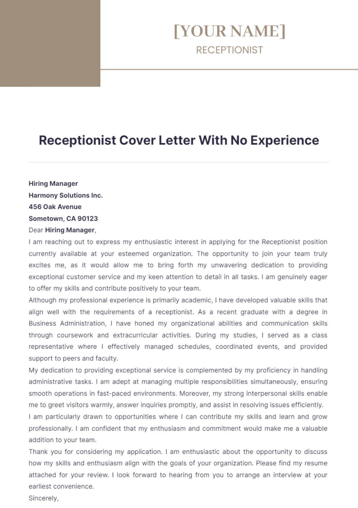 Receptionist Cover Letter With No Experience - Edit Online & Download