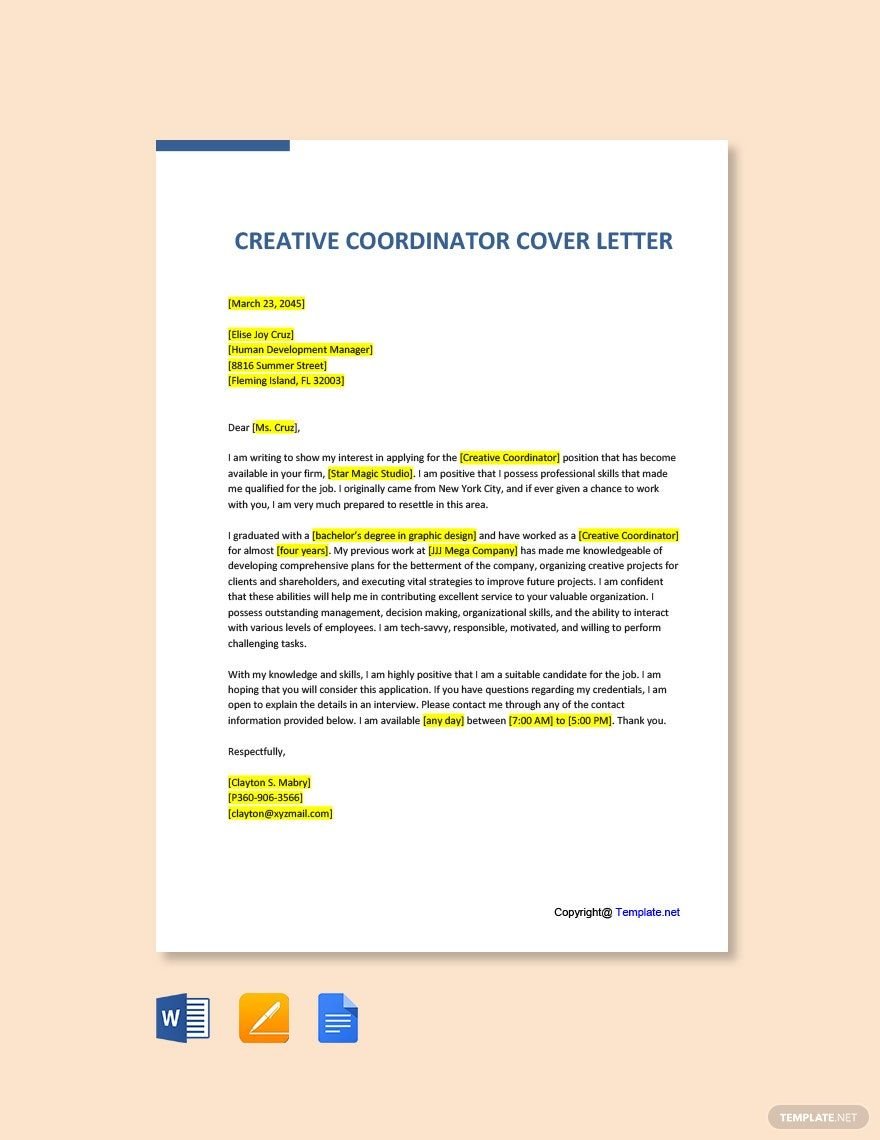 Free Creative Coordinator Cover Letter Template