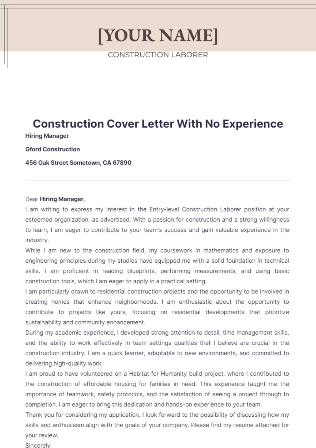 Construction Cover Letter With No Experience - Edit Online & Download