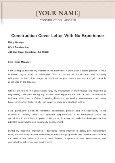 Free Construction Cover Letter With No Experience to Edit Online