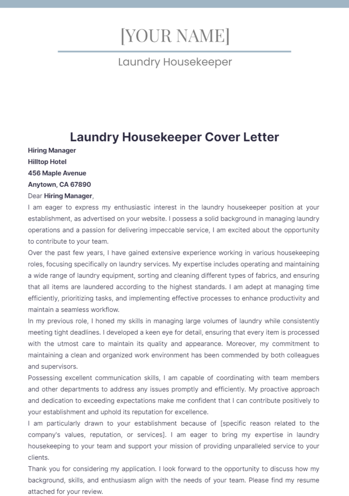 Laundry Housekeeper Cover Letter - Edit Online & Download