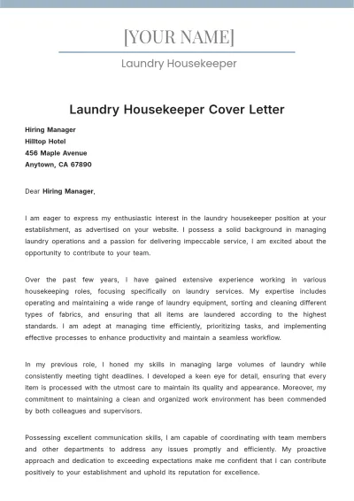 Free Laundry Housekeeper Cover Letter to Edit Online