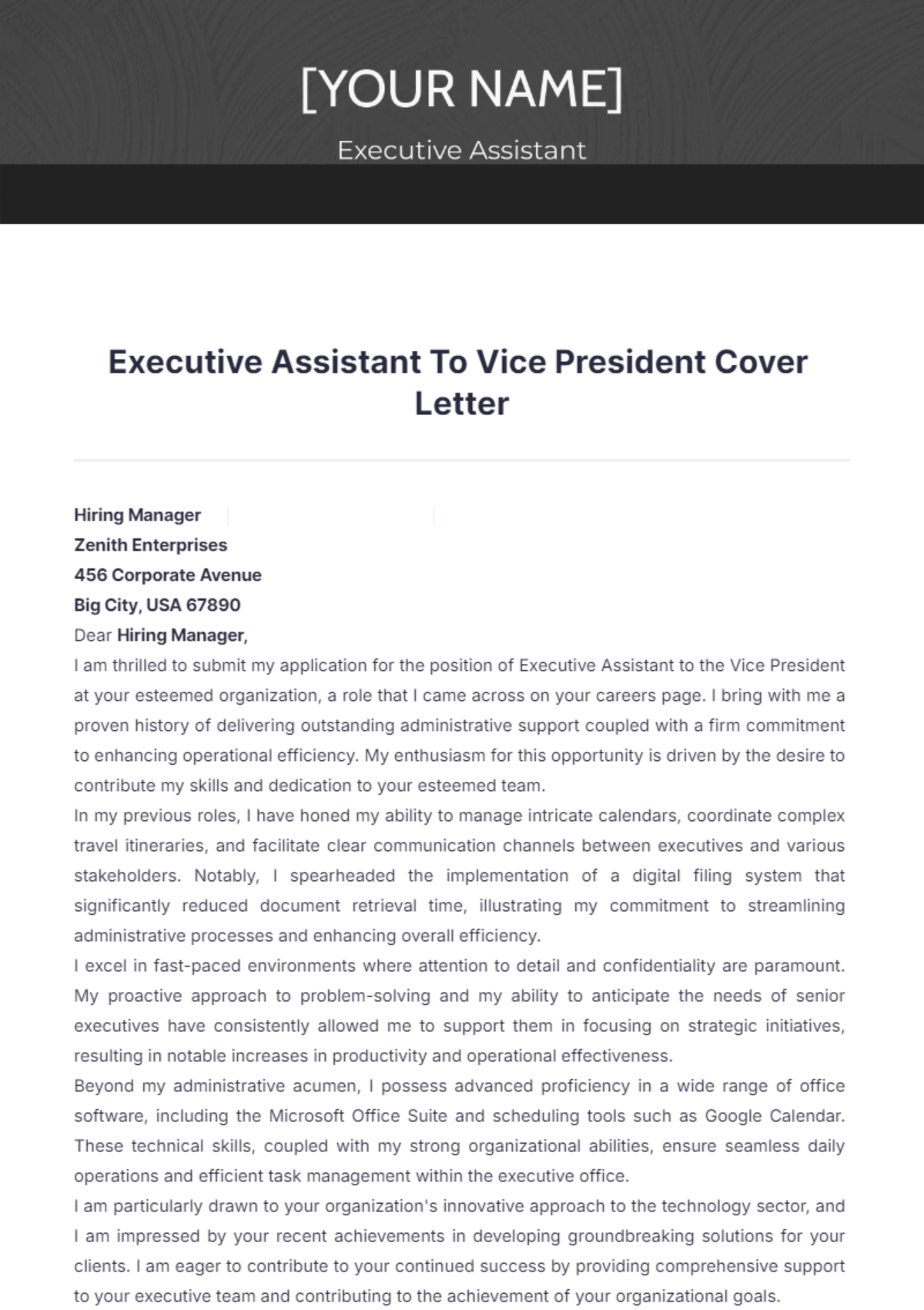 Executive Assistant To Vice President Cover Letter - Edit Online & Download