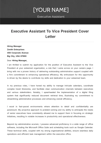 Free Executive Assistant To Vice President Cover Letter to Edit Online
