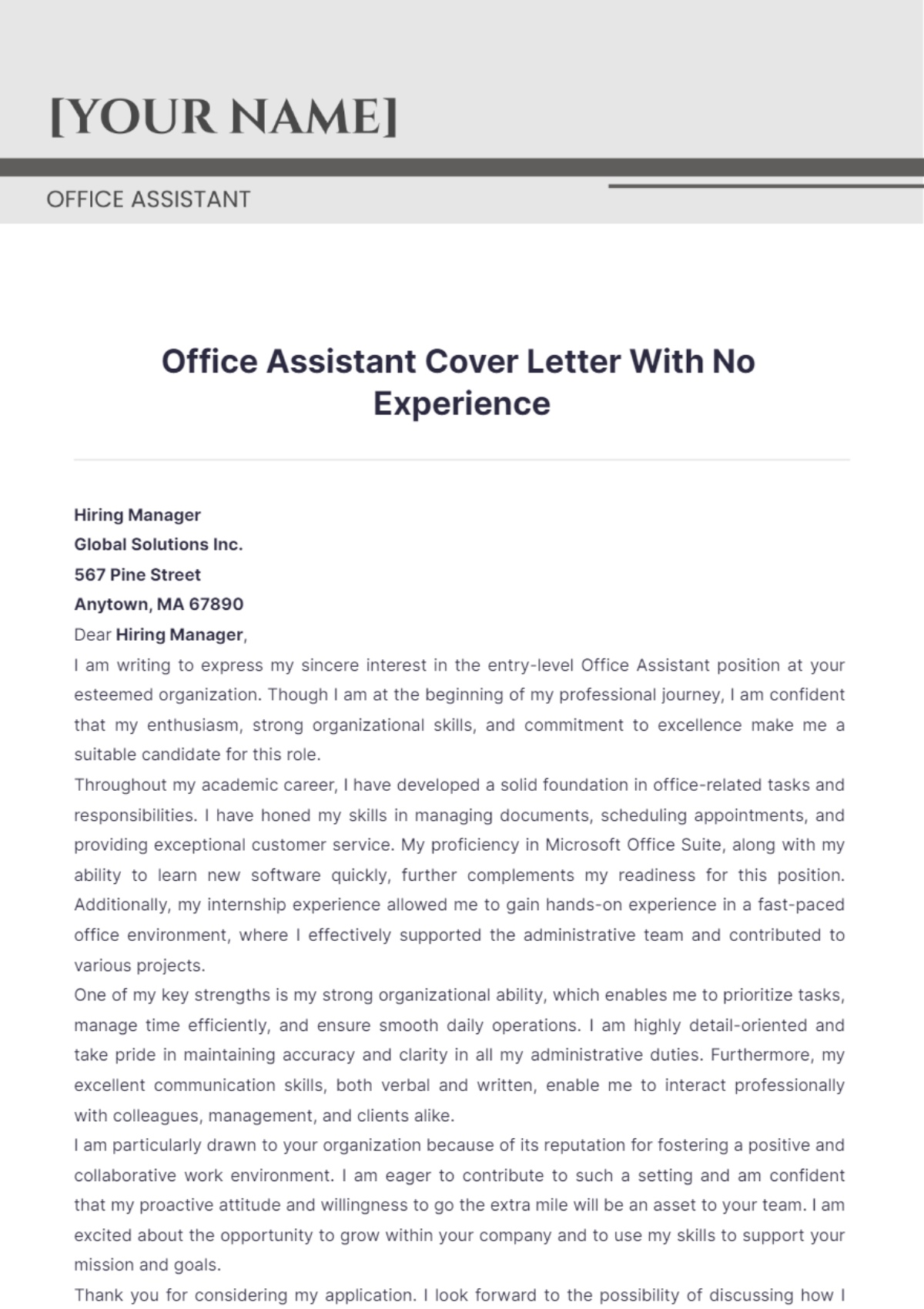 Office Assistant Cover Letter With No Experience - Edit Online & Download