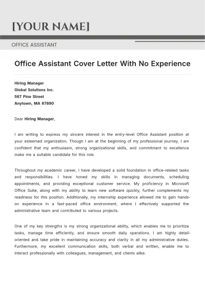 Free Office Assistant Cover Letter With No Experience to Edit Online