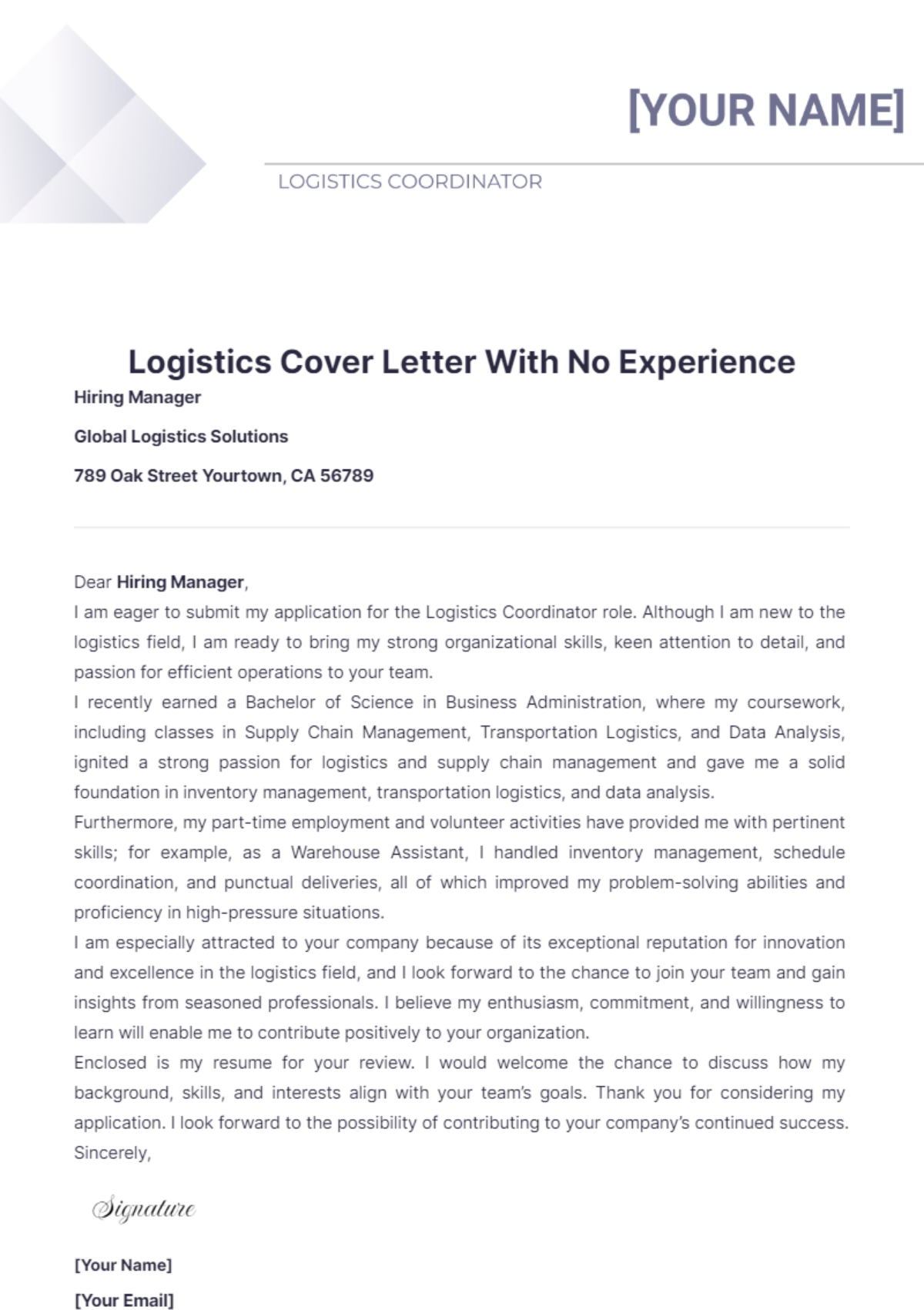 Logistics Cover Letter With No Experience - Edit Online & Download