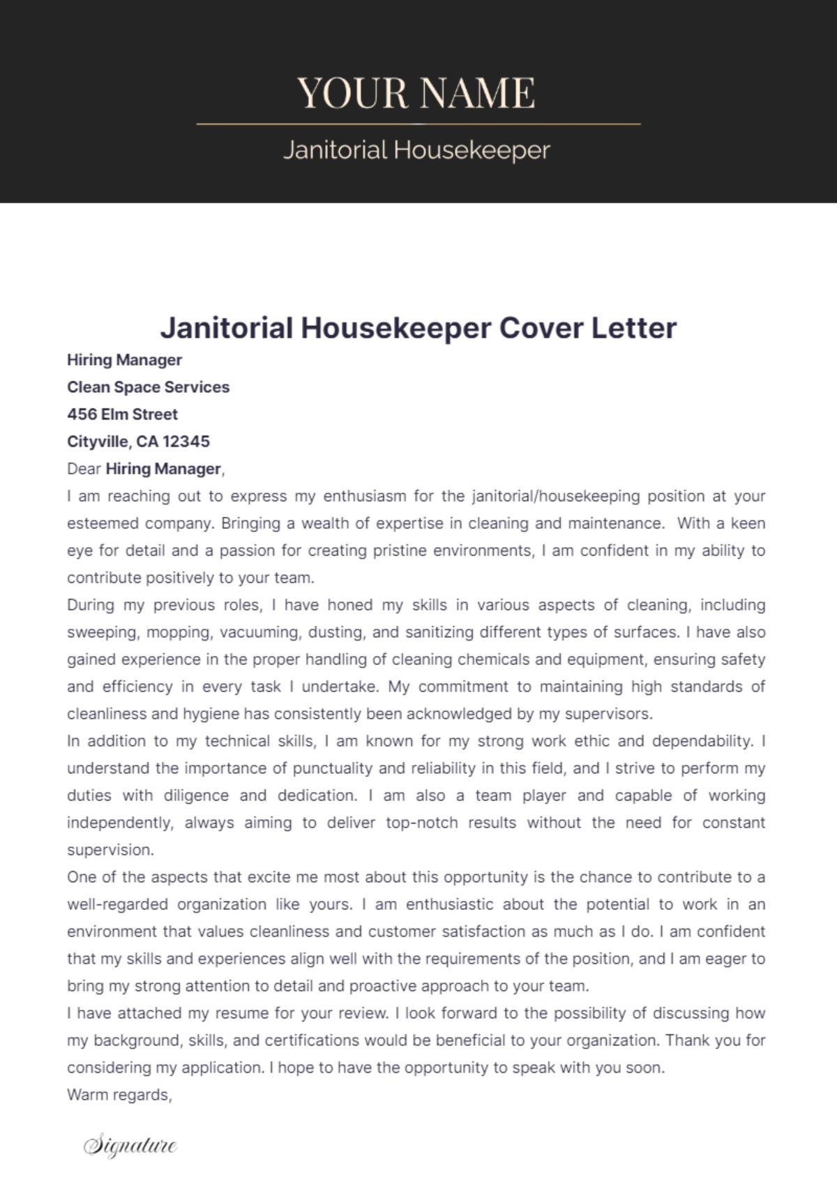 Janitorial Housekeeper Cover Letter - Edit Online & Download