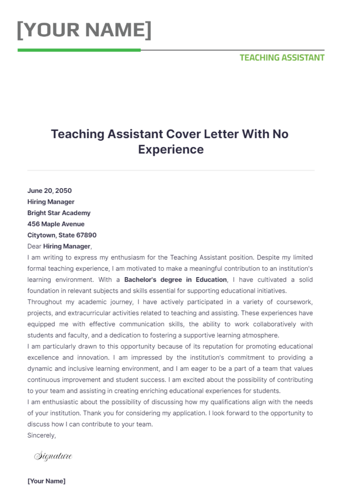 Teaching Assistant Cover Letter With No Experience - Edit Online & Download