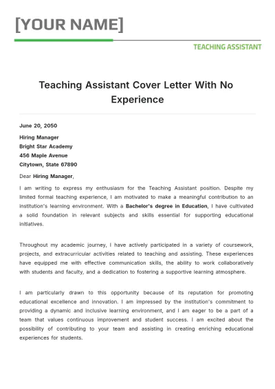 Free Teaching Assistant Cover Letter With No Experience to Edit Online