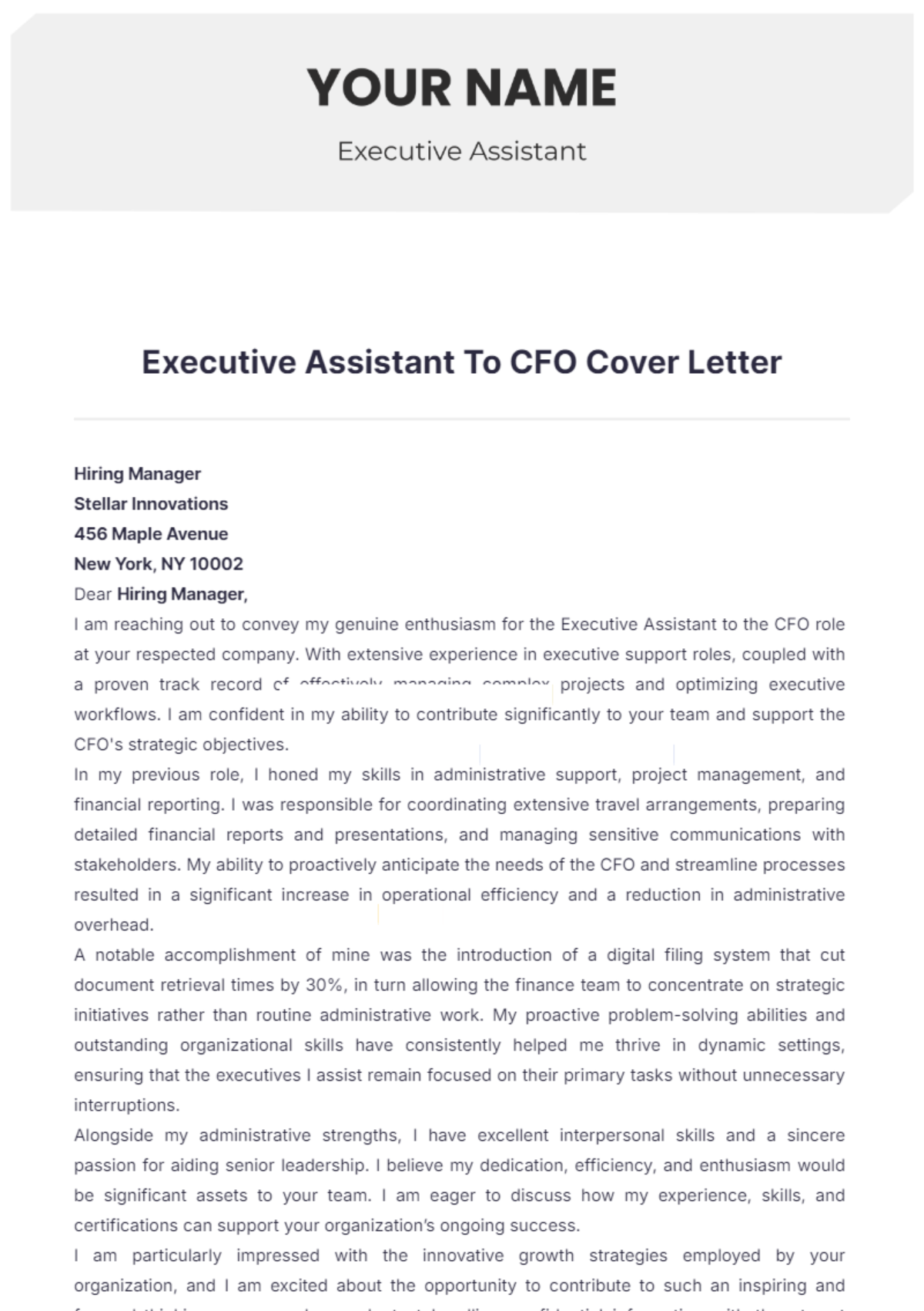 Executive Assistant To Cfo Cover Letter - Edit Online & Download