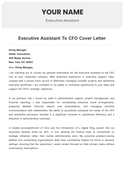 Free Executive Assistant To Cfo Cover Letter to Edit Online